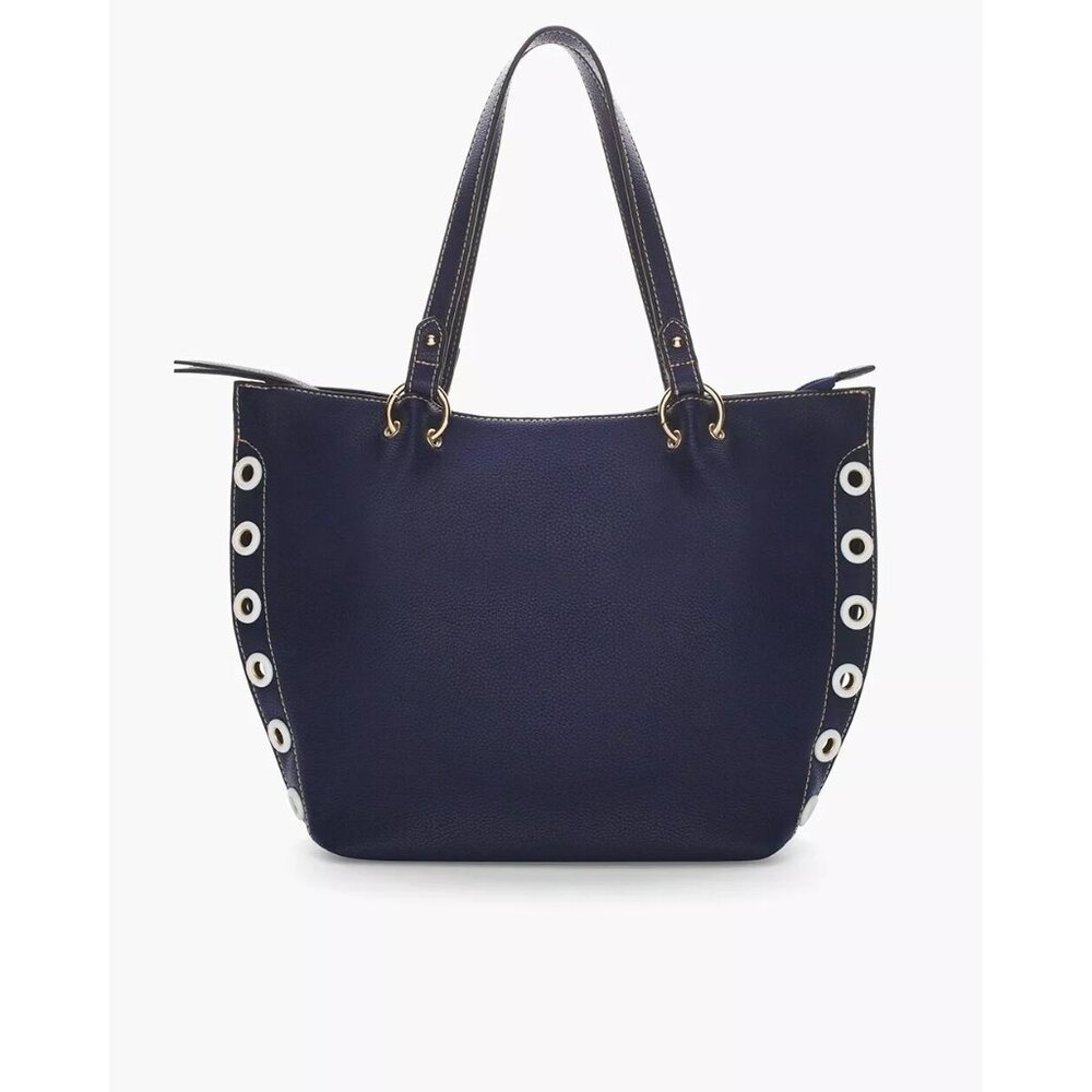 Chico's navy tote with white grommets and gold-tone hardware; new with tag
